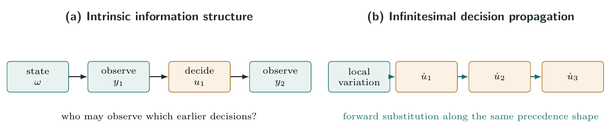 An infinitesimal intrinsic model preserves the information architecture while propagating first-order variation through it. Observation maps generate information fields; their tangent lifts transmit evidence variation, while tangent decision laws transmit mechanism variation.