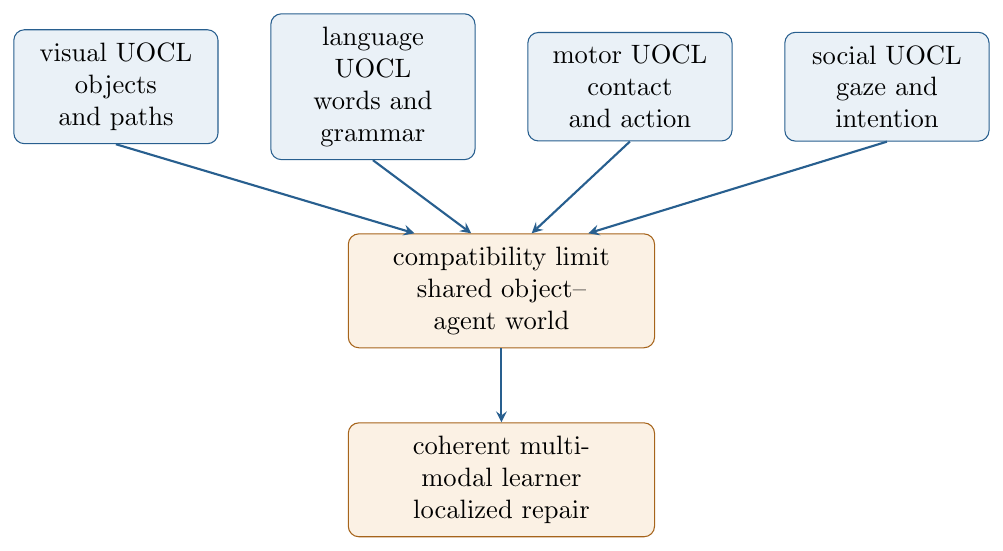 Multimodal UOCL is more than parallel execution. Independent learners supply a monoidal product; observers into a shared object–agent doctrine impose a compatibility limit. A failed comparison identifies which modality or cross-modal alignment requires accommodation.