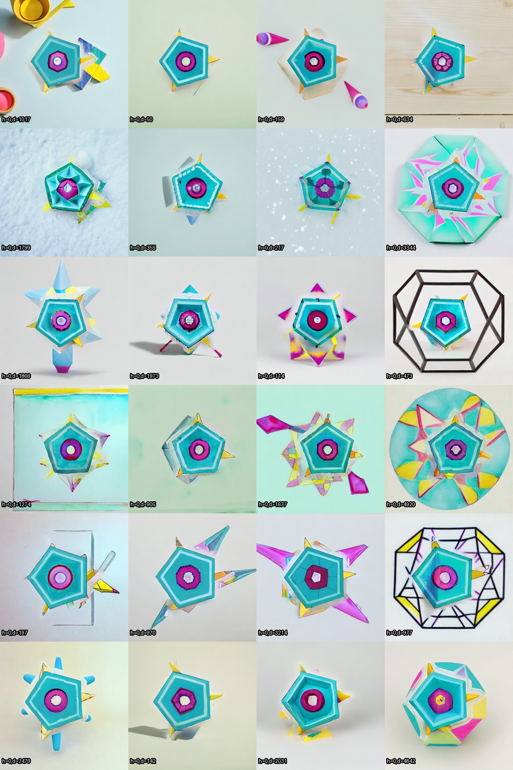 ARTISTIC-TI–3D under varied prompts, styles, and backgrounds. The registered body, annulus, and fins remain recognizable while the exterior is transported. This is structural repair, not yet evidence for an autonomously invented visual language.