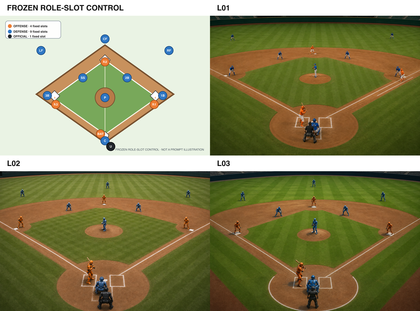 A typed visual declaration in the robot-baseball testbed. The frozen role-slot sketch at upper left specifies four offensive roles, nine defensive roles, and one official. Three robot-only realizations test whether that same declaration can be transported across generated scenes…
