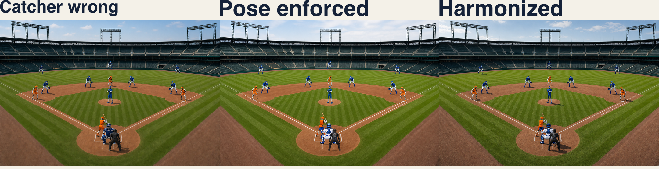 Observer-localized pose repair using robot players. Left: the catcher faces the wrong direction. Center: the registered pose is enforced. Right: the inserted catcher is harmonized with the scene. The sequence makes the repair target explicit while leaving unrelated roles and…