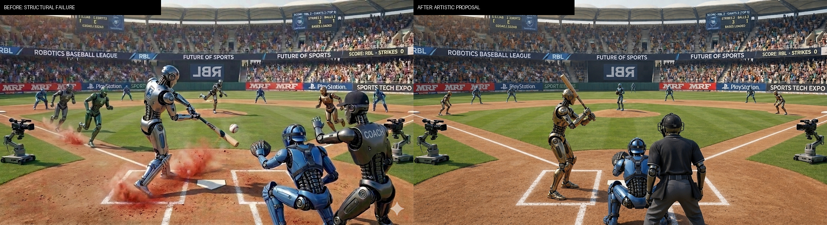 Three Nano Banana Lite challenge cases and their retained ARTISTIC proposals. The upper two source assets already contain side-by-side labels; the tennis pair is shown separately. The examples distinguish role, action-phase, and topology repair. Baseball and tennis remain…