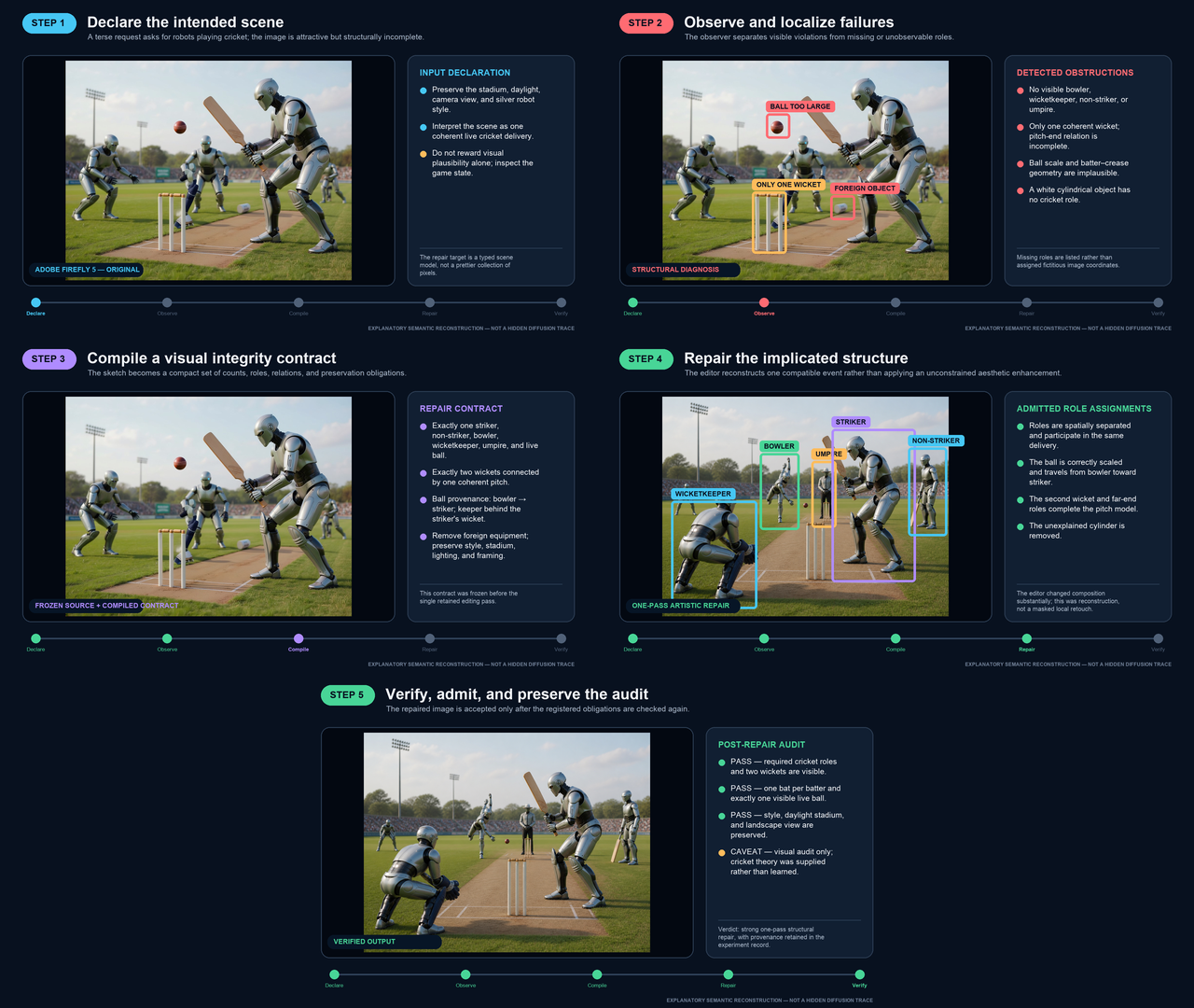 ARTISTIC Movie Mode for the Firefly cricket challenge. The five-stage storyboard makes the declaration, diagnosis, compiled contract, semantic reconstruction, and final audit visible. Equivalent traces were rendered for the Nano Banana cricket, baseball, and tennis cases. The…
